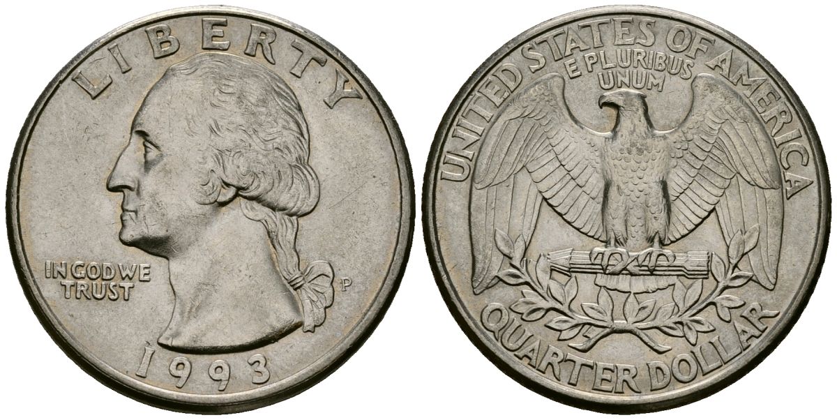 США 25 центов (квотер) 1993 P, Вашингтон KM A164a медь плакированная медно-никелем 4167-553