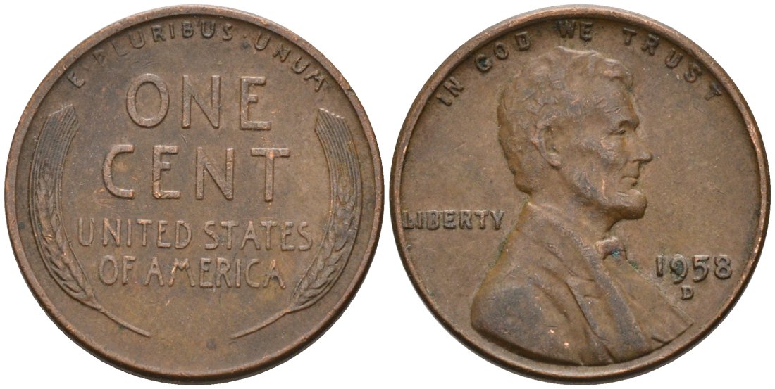 США 1 цент 1958 D, Линкольн KM А132 медь цинк 4564-315