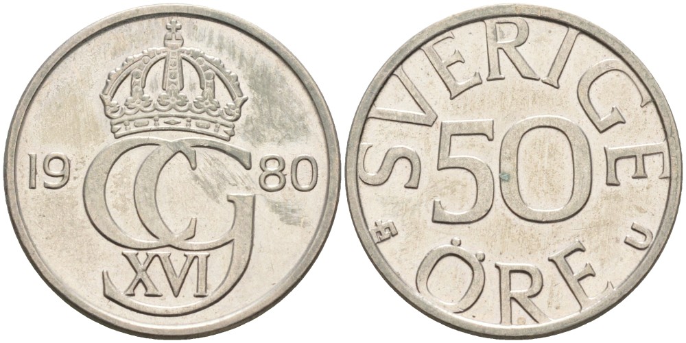 Швеция 50 эре 1980 U, Карл XVI Густав (1973- ) KM 855 медно-никель UNC 4548-631