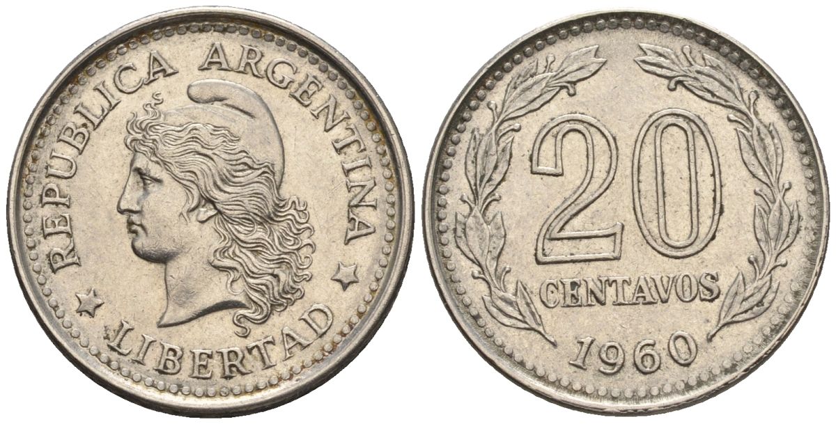 Аргентина 20 сентаво 1960 голова свободы влево KM 55, Schon 55, CJ 266 сталь плакированная никелем    60-955
