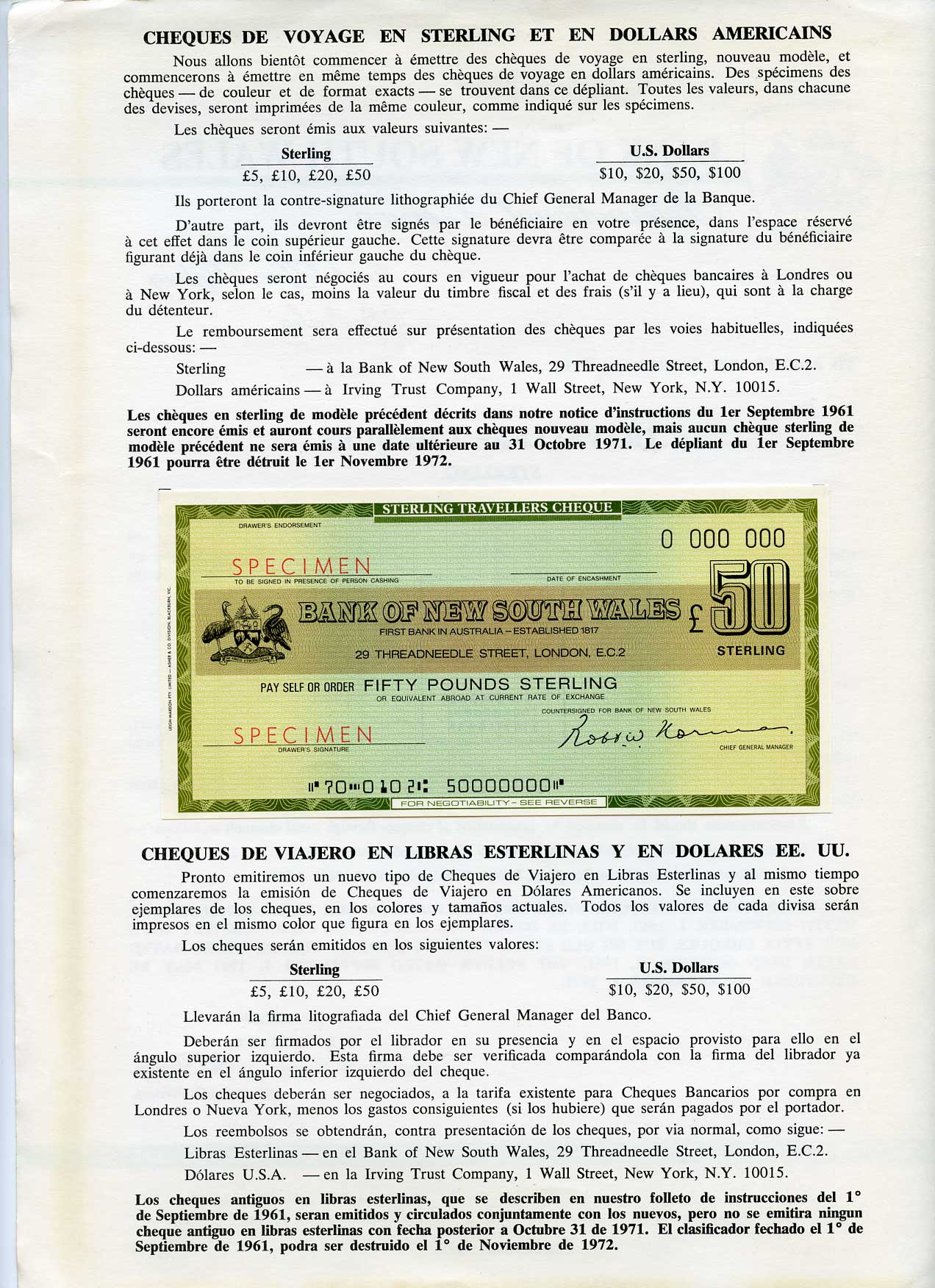 Австралия, Банк Южного Уэльса 50 фунтов и 50 долларов 1971 дорожные чеки, оригинальный буклет, образец Specimen   бумага  UNC (пресс) 5548-4-2-1