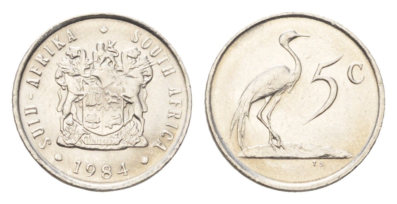 ЮАР 5 центов 1984 герб, райский журавль KM 84 никель UNC 4694-464