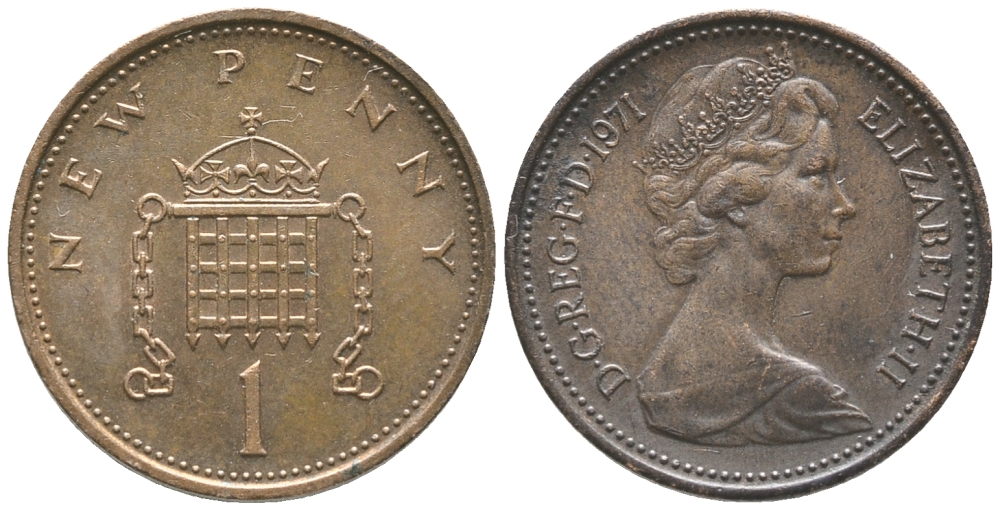 Великобритания 1 пенни 1971 Елизавета II (1952-2022) KM 915, Spink 4237 (B1) бронза 34-232
