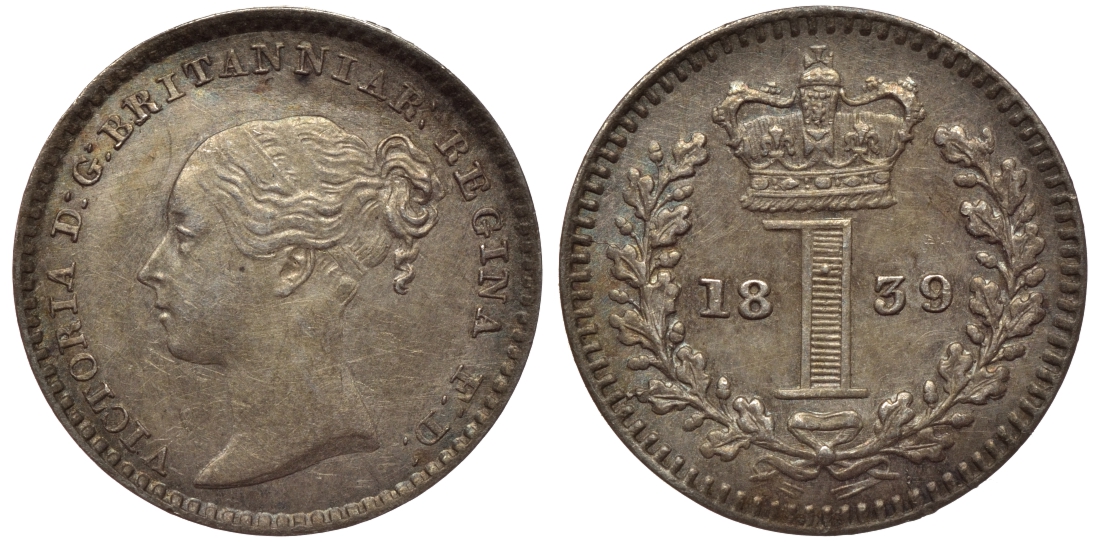 Великобритания 1 пенни 1839 Виктория (1837-1901) KM 727, Spink 3920 серебро PROOFLIKE 1523-1344
