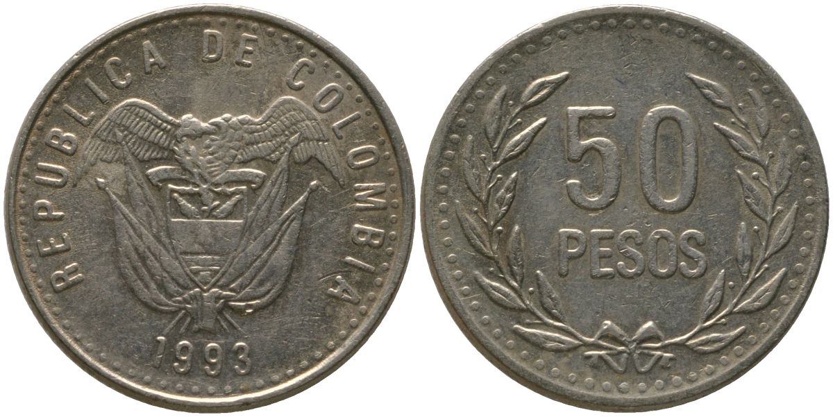 Колумбия 50 песо 1993 KM 283.1 никель латунь 4538-1023