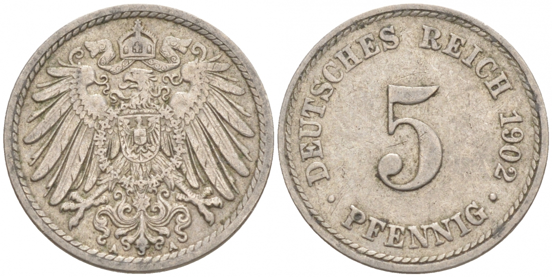 ГЕРМАНИЯ 5 ПФЕННИГОВ 1902 A, KM 11, J. 12 медно-никель 73-1563