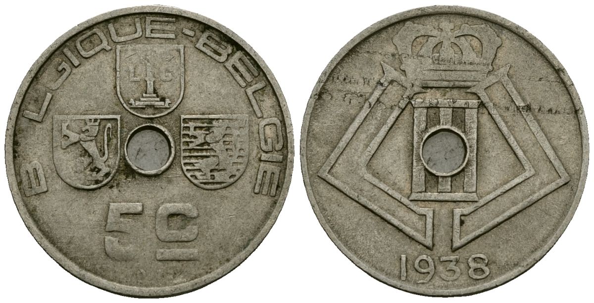 Бельгия 5 сантимов 1938 Belgique - Belgie KM 110 никель латунь 4173-626
