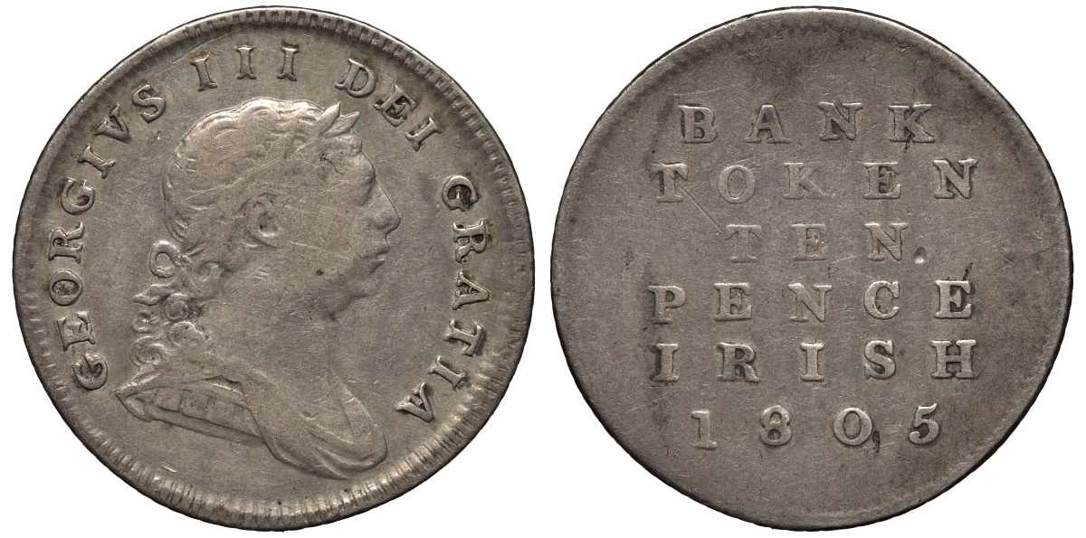 Ирландия 10 пенсов 1805 банковский токен, Георг III (1760-1820) KM Tn3 серебро 441-1314