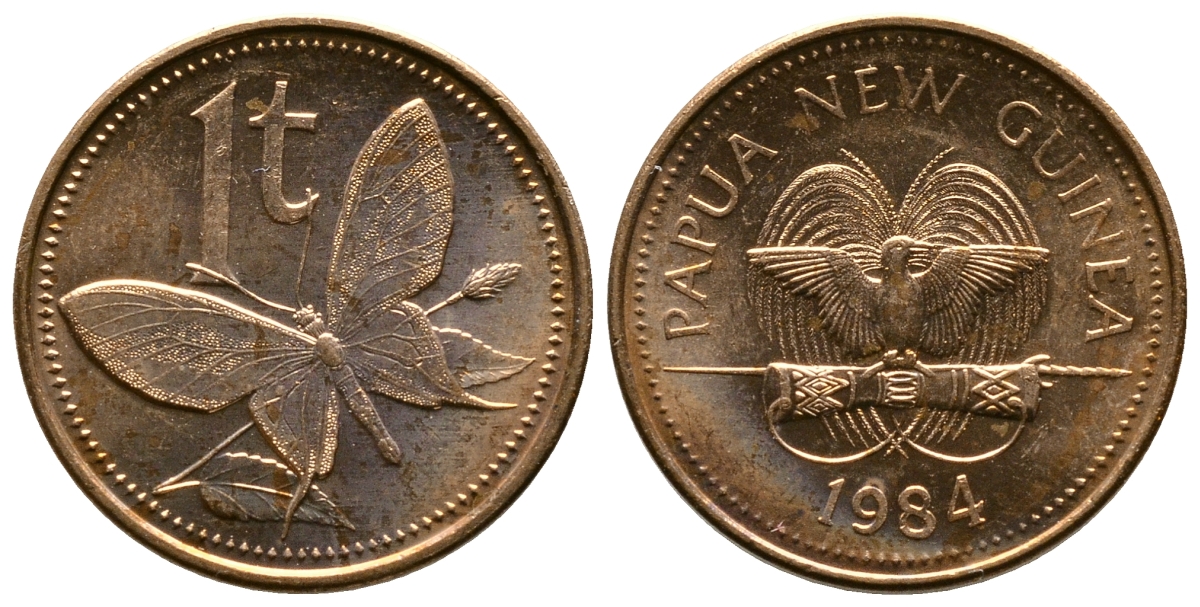 Папуа-Новая Гвинея 1 тойя 1984 бабочка KM 1 бронза UNC 261-521