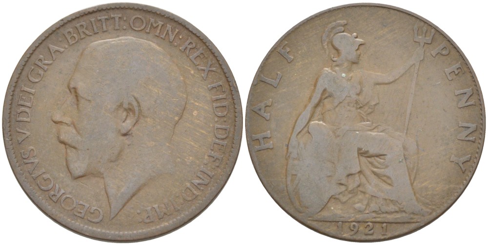 Великобритания 1/2 пенни 1921 Георг V (1910-1936) KM 809, Spink 4056 бронза 4519-1113