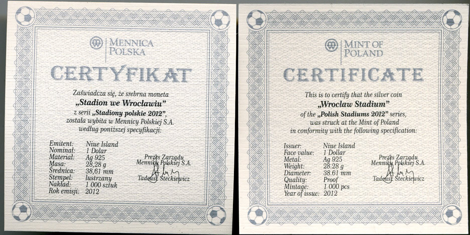 Ниуэ 1 доллар 2012 футбол чемпионат, стадион во Вроцлаве, в оригинальной коробке с сертификатом тираж 1000 шт. KM NEW серебро PROOF 00-00