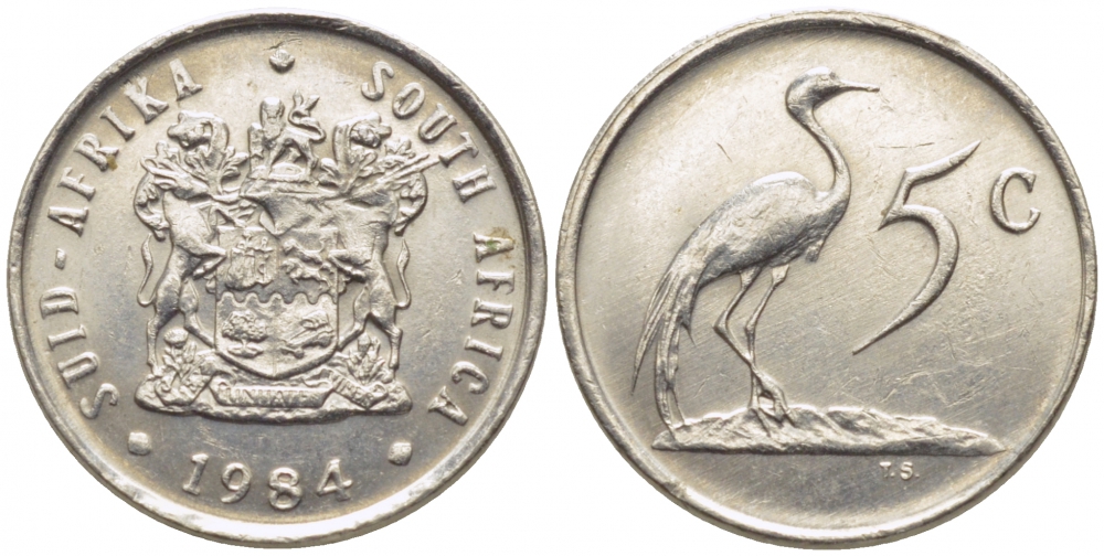 ЮАР 5 центов 1984 герб, райский журавль KM 84 никель UNC 105-1033