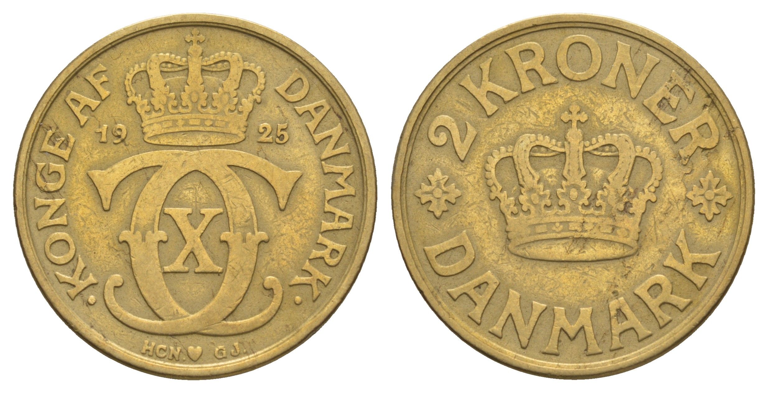 Дания 2 кроны 1925 HCN; GJ, Кристиан X (1912-1947) KM 825 алюминиевая бронза 97-343