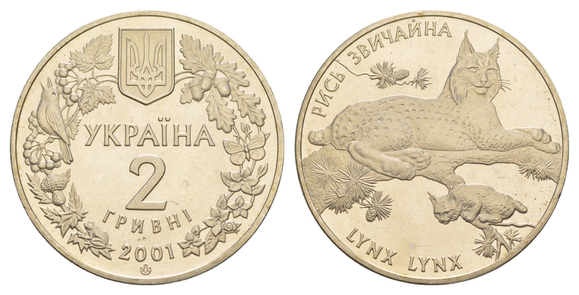 Украина 2 гривны 2001 Флора и фауна - Обыкновенная рысь KM 111 нейзильбер BU 413-5643