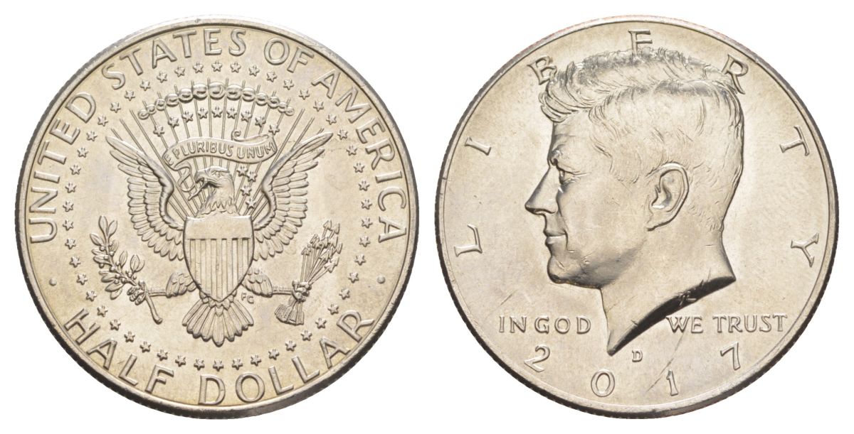 США 1/2 доллара (50 центов) 2017 D, Джон Кеннеди KM A202b медь плакированная медно-никелем UNC 4517-441