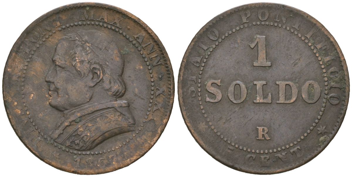 Папская область 1 сольдо = 5 центов 1867 R, Пий IX (1846-1878) KM 1372.2 медь 92-747