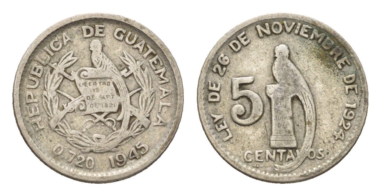 Гватемала 5 сентаво 1945 KM 238 серебро 4668-958
