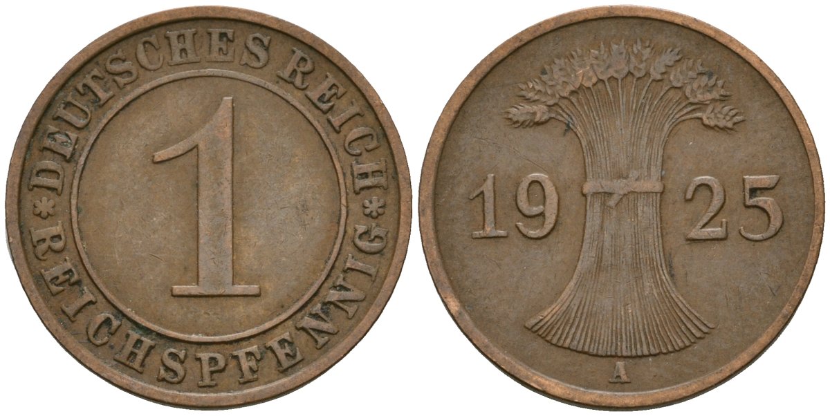 Германия 1 рейхспфенниг 1925 A KM 37, J. 313 бронза 4189-1114
