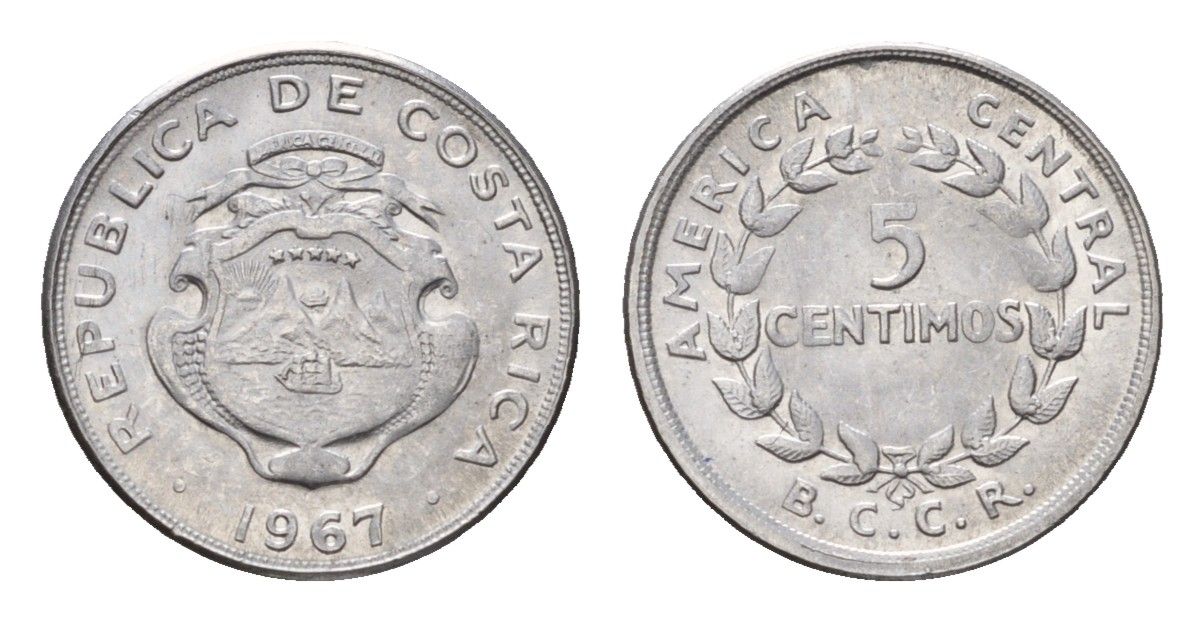 Коста-Рика 5 сентимо 1967 KM 184.1a нержавеющая сталь UNC 4690-836