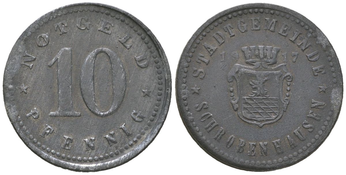 Шробенхаузен (Бавария) 10 пфеннингов 1917 Funck 487.1A, Men05 22938.2, Men18 28734.2 цинк 1515-225