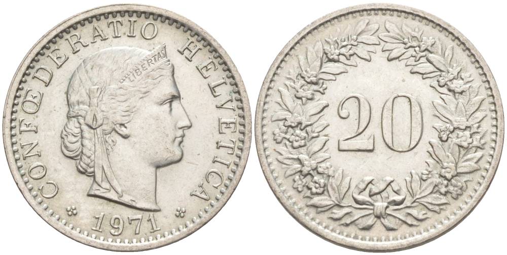 ШВЕЙЦАРИЯ 20 РАППЕНОВ 1971 KM 29a медно-никель 55-935