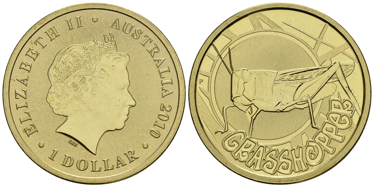 Австралия 1 доллар 2010 серия насекомые, кузнечик KM 1445 алюминиевая бронза UNC M42-13