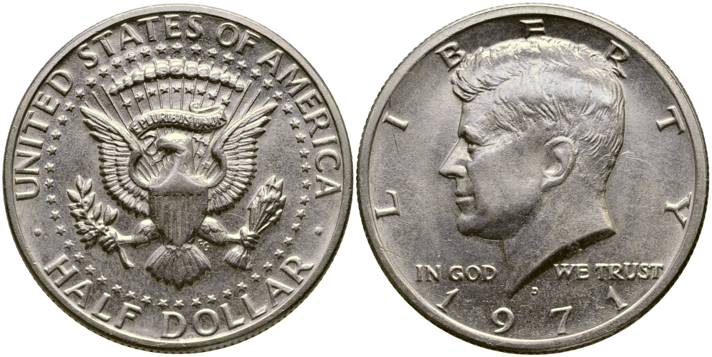 США 1/2 доллара (50 центов) 1971 D, Джон Кеннеди KM 202b медь плакированная медно-никелем UNC 413-4441