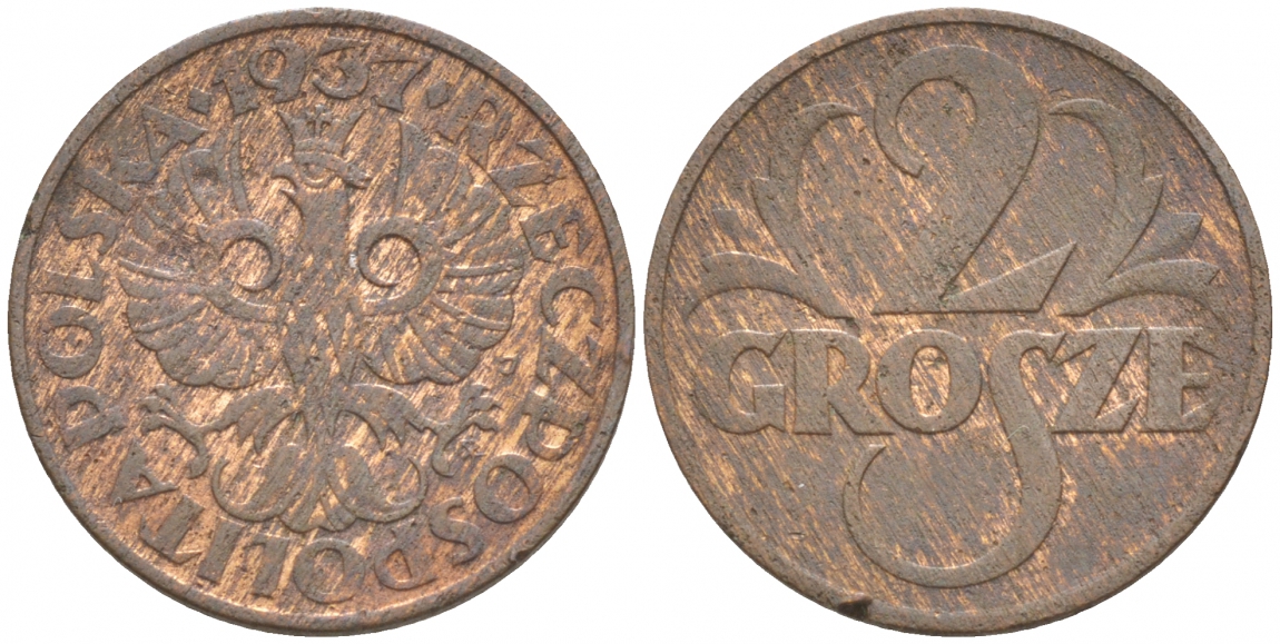 ПОЛЬША 2 ГРОША 1937 w KM 9а бронза 100-455