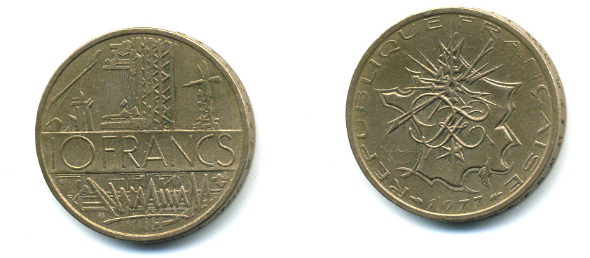 Франция 10 франков 1977 тип Матье KM 940, Le Franc 365.9-10 никель латунь 59-1013