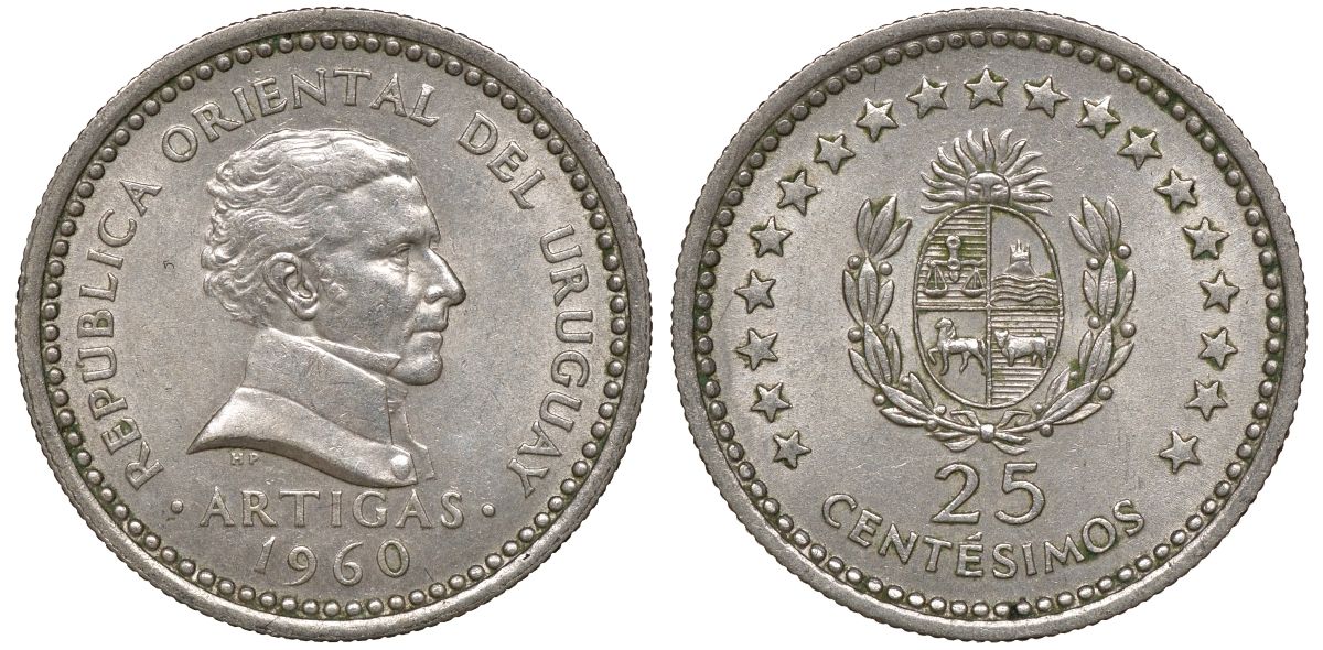 Уругвай 25 сентесимо 1960 KM 40 медно-никель 4169-846