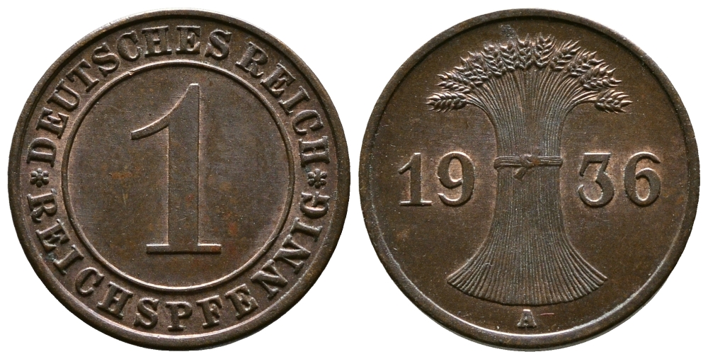 Германия 1 рейхспфенниг 1936 A KM 37, J. 313 бронза 220-145
