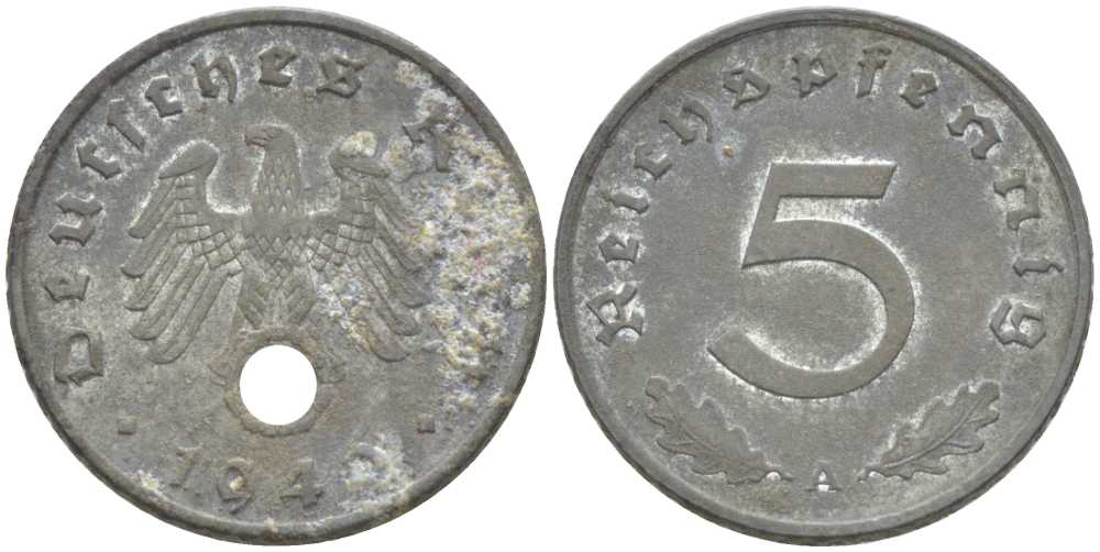 ГЕРМАНИЯ 5 РЕЙХСПФЕННИГОВ 1942 А KM 100, J. 370 цинк 206-1243