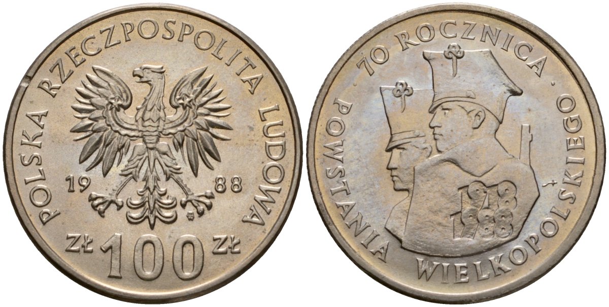 Польша 100 злотых 1988 MW, 70 лет Великопольскому восстанию Y 182 медно-никель UNC 81-1145