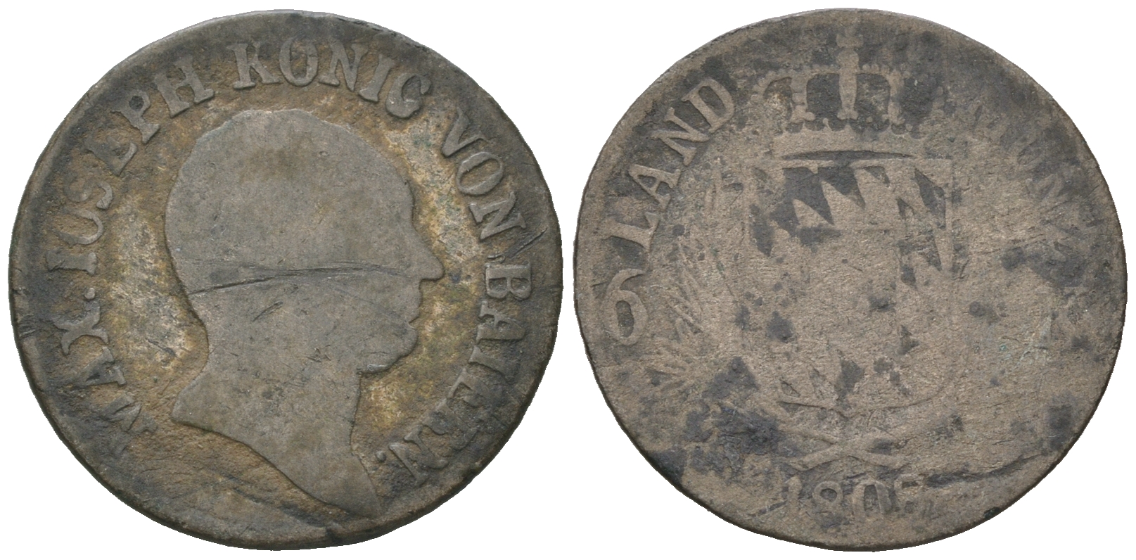 Бавария 6 крейцеров 1808 Максимилиан I Иосиф (1806-1825) KM 346, Jaeger 9, AKS 53 серебро 54-841