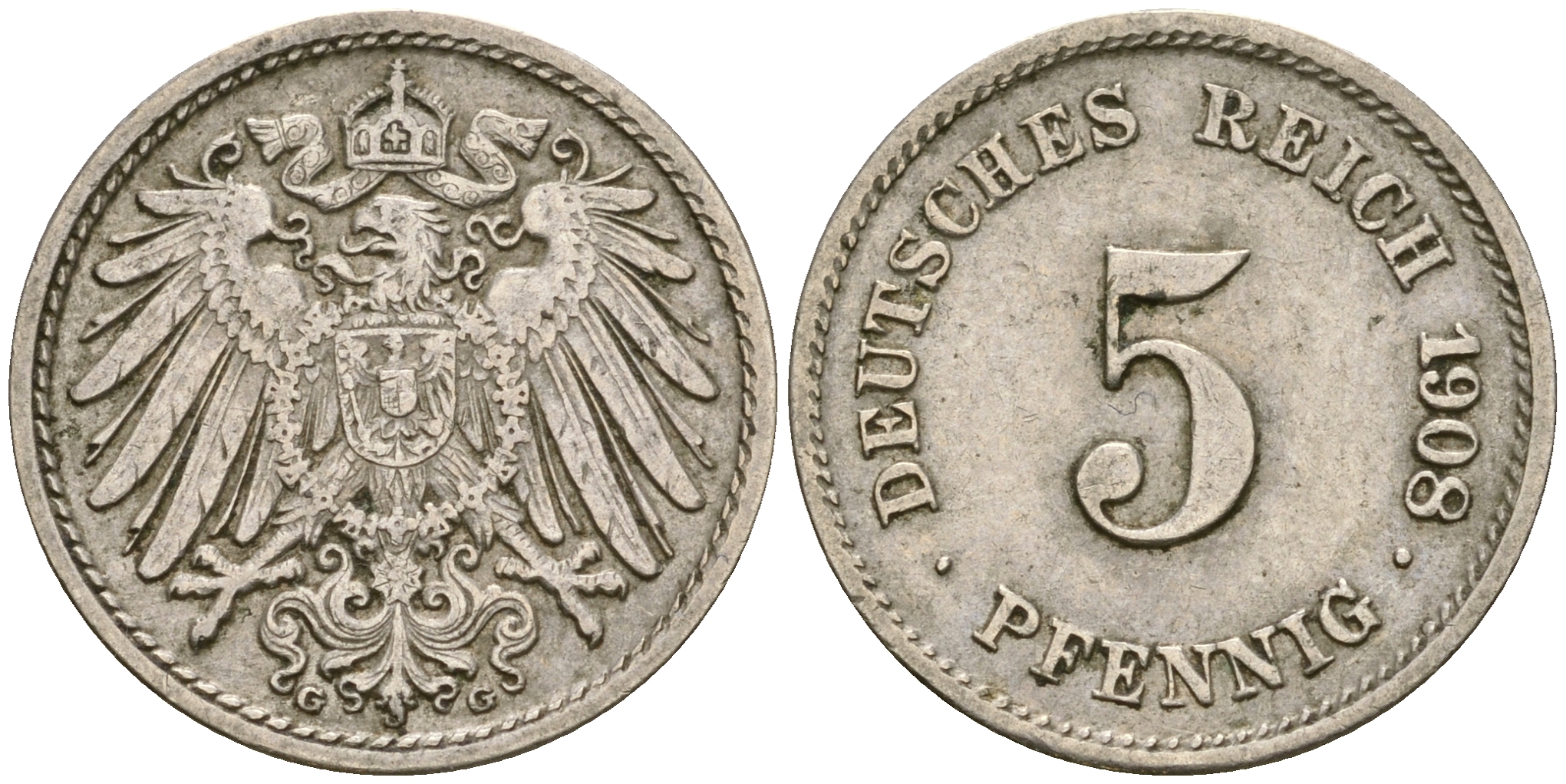 Германия 5 пфеннигов 1907 G, KM 11, J. 12 медно-никель 4364-4517