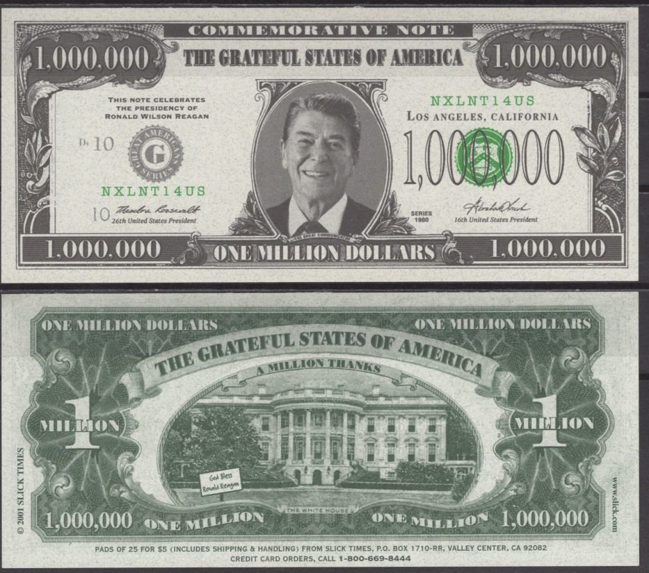 США 1000000 долларов 2001 Рональд Рейган бумага UNC (пресс) 7196-8-1