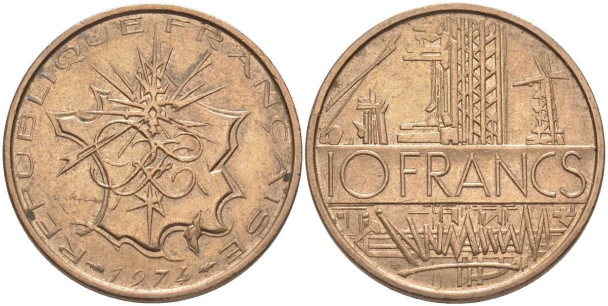 Франция 10 франков 1974 тип Матье KM 940, Le Franc 365.3-4 никель латунь 4394-213