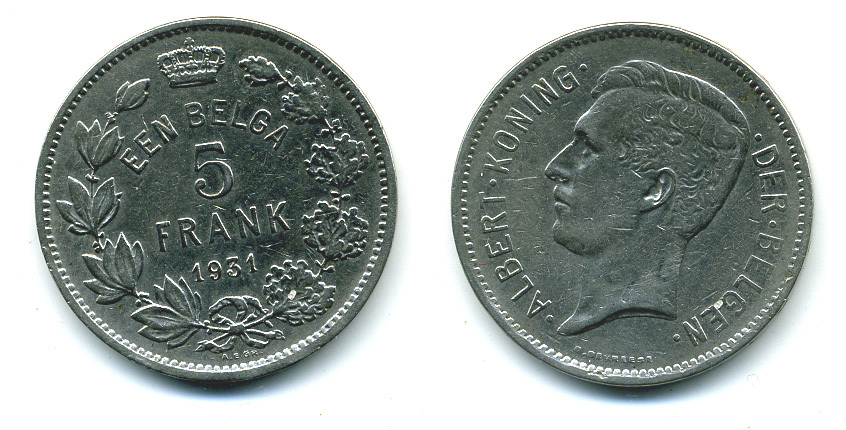БЕЛЬГИЯ 5 ФРАНКОВ 1931 BELGEN KM 98 никель 86-916