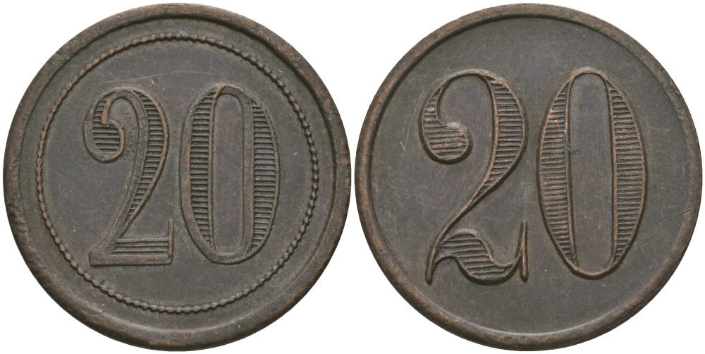 ФРАНЦИЯ 20 САНТИМОВ ND ПЛАТЕЖНЫЙ ЖЕТОН НАЧАЛА XX ВЕКА, ЦИФРЫ НОМИНАЛА 12 ММ., ДИАМЕТР 24 ММ. медь 98-946