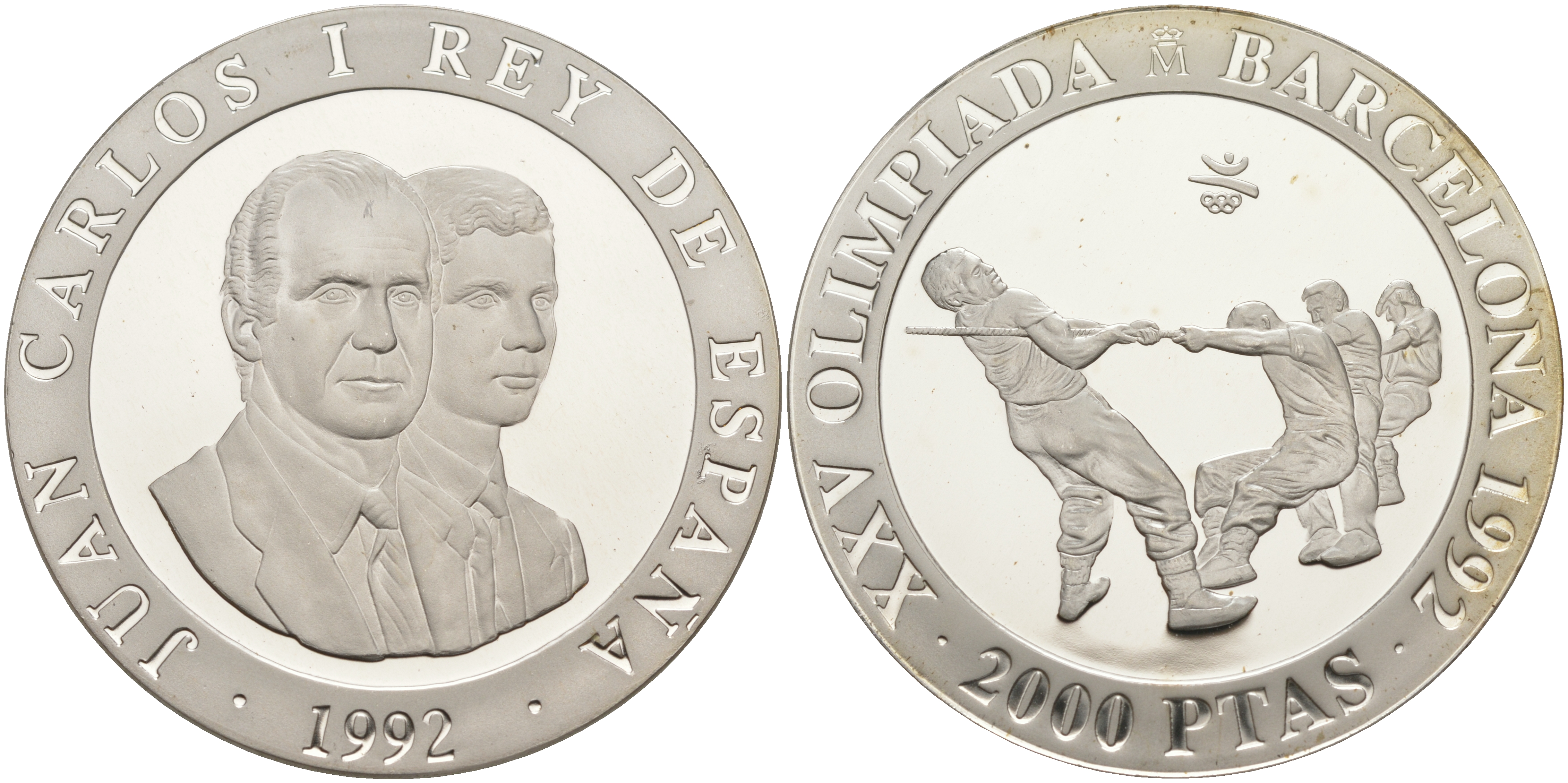 Испания 2000 песет 1992 XXV летние Олимпийские игры 1992 года в Барселоне, перетягивание каната KM 911 серебро PROOF 1091-9-24