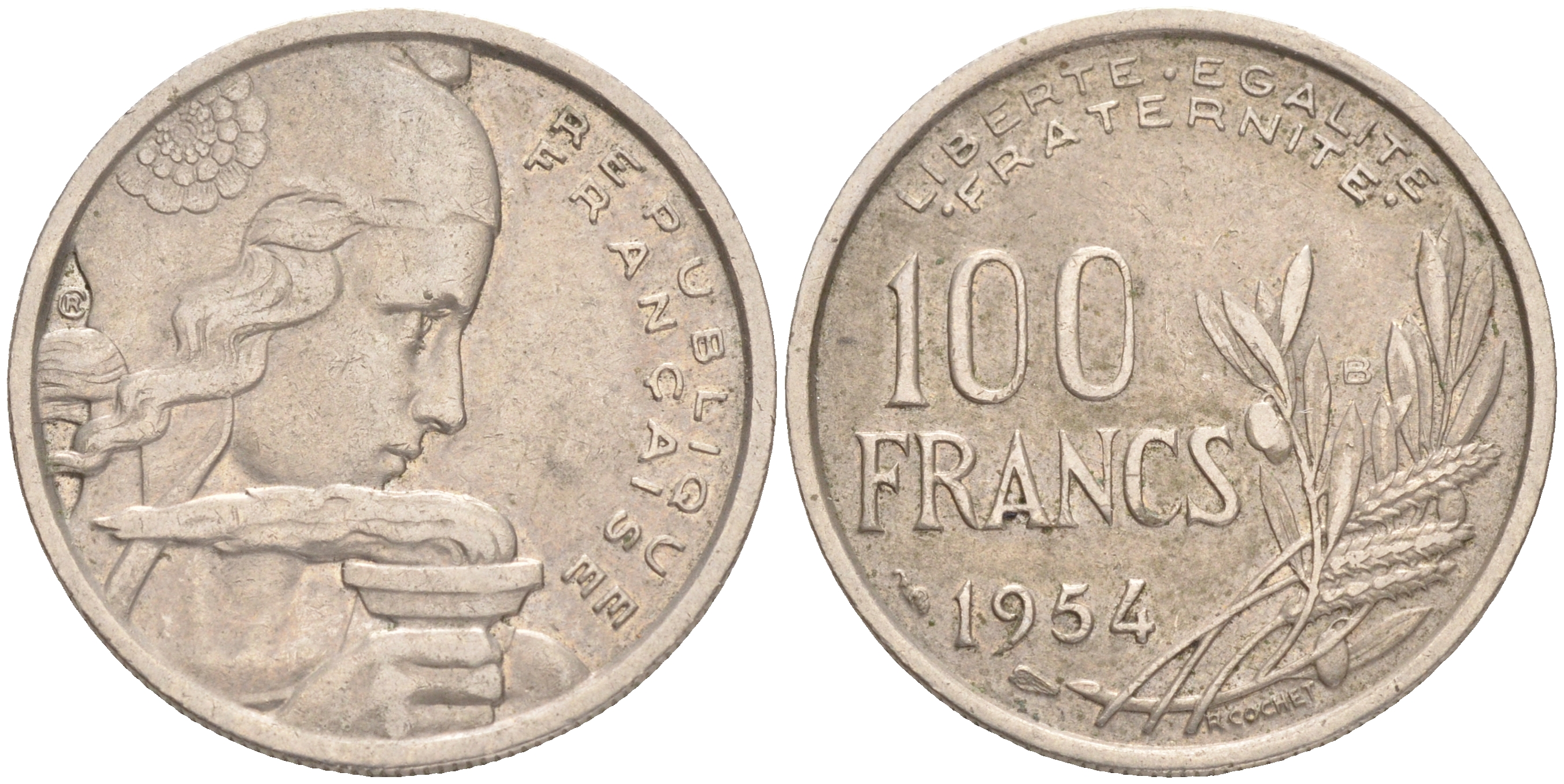 ФРАНЦИЯ 100 ФРАНКОВ 1954 В KM 919.2. LE FRANC 450.3 медно-никель 4556-156