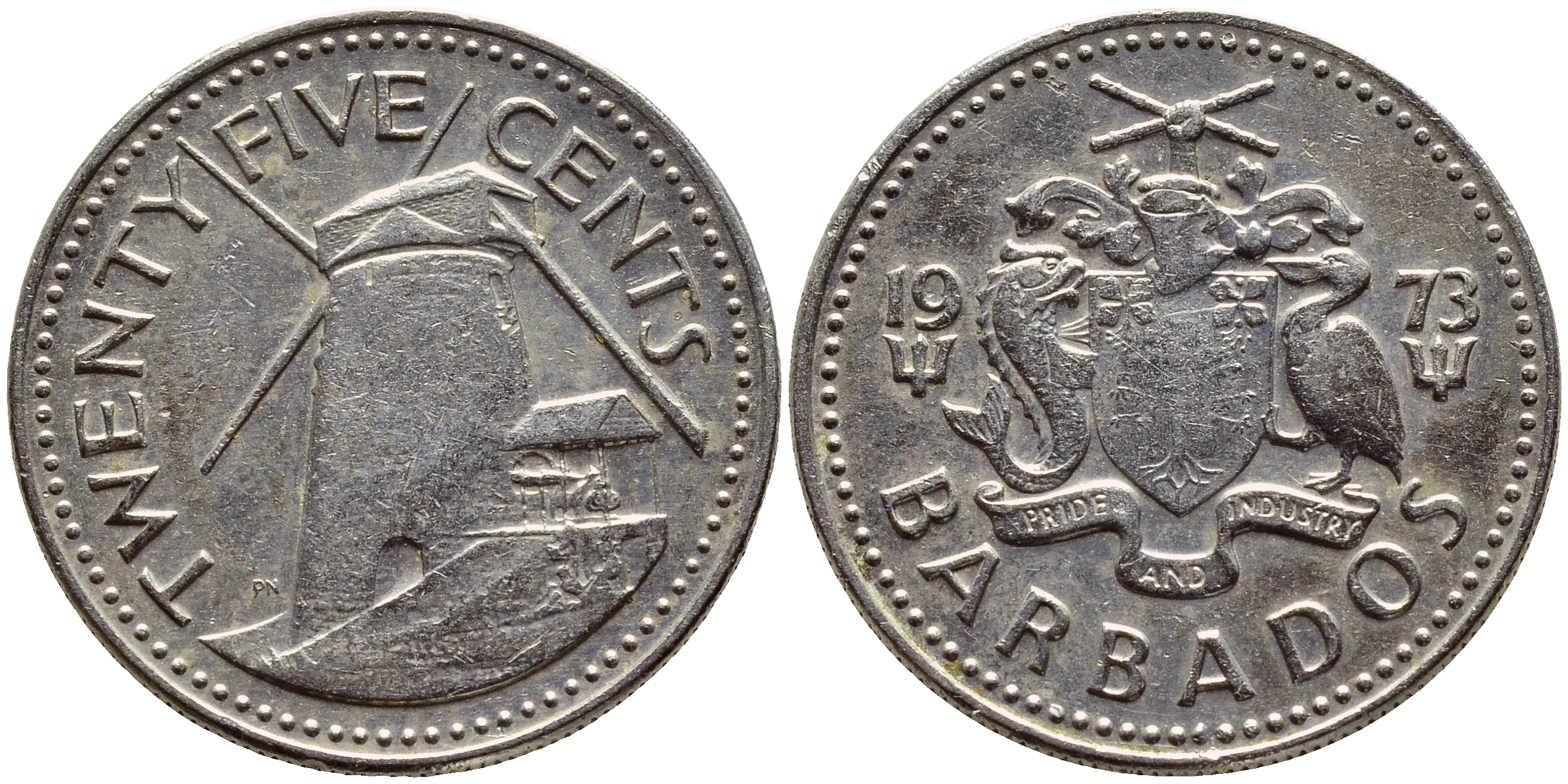 Барбадос 25 центов 1973 ветряная мельница Моргана Льюиса KM 13 медно-никель 4398-341