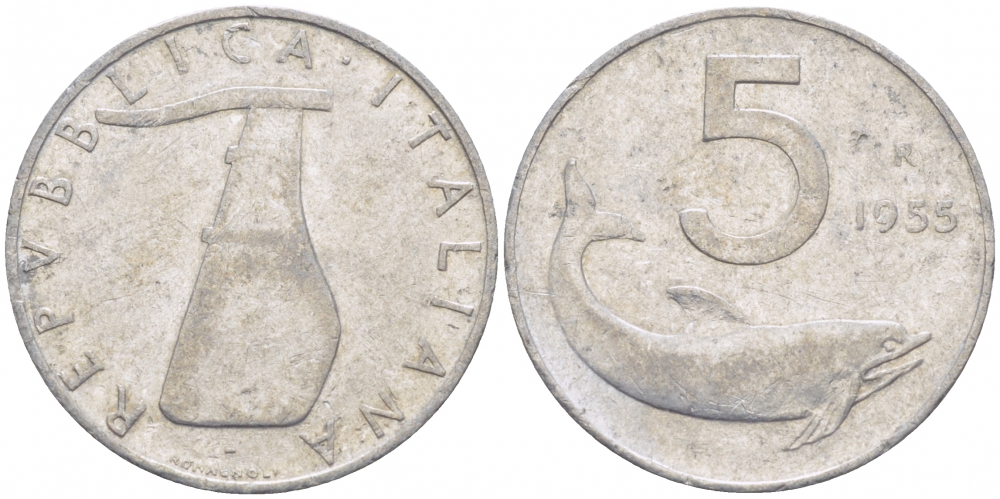 ИТАЛИЯ 5 ЛИР 1955 R, РУЛЬ, ДЕЛЬФИН KM 92 алюминий 3718-254