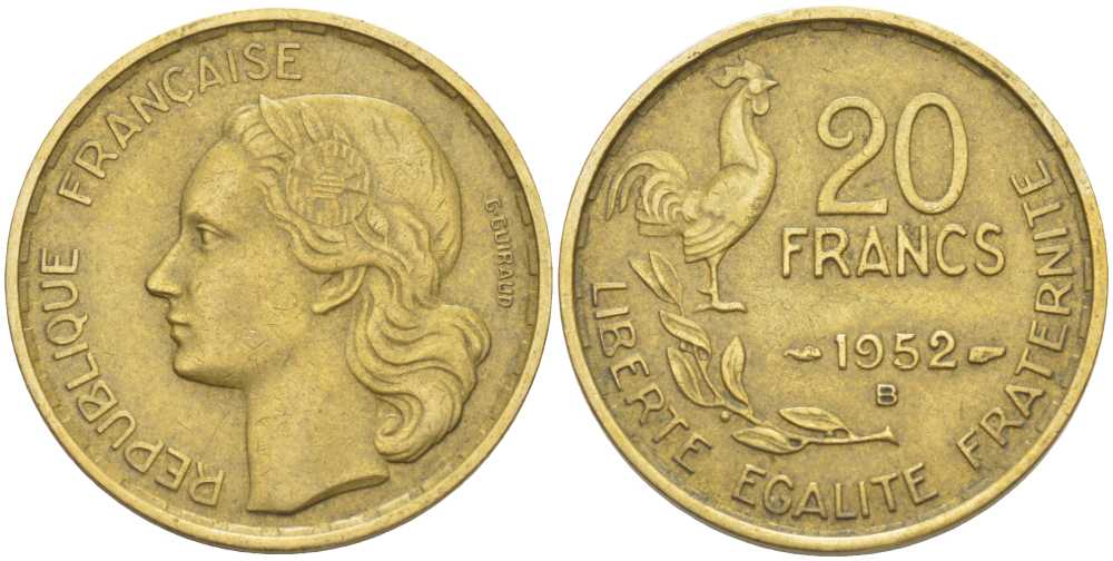 ФРАНЦИЯ 20 ФРАНКОВ 1952 В KM 917.2, LE FRANC 402.10 алюминиевая бронза 175-653