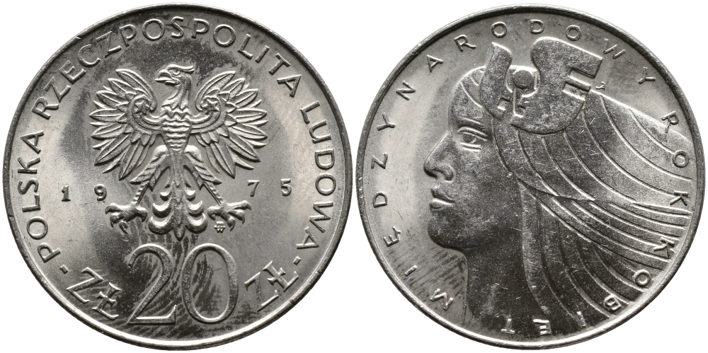 Польша 20 злотых 1975 MW, Международный год женщины KM 75, Parchimowicz 248 медно-никель UNC 441-841
