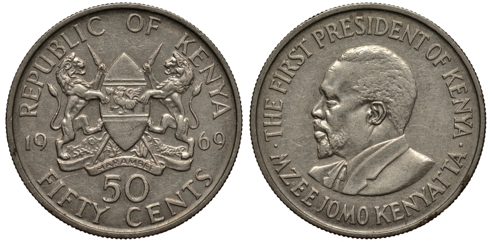 Кения 50 центов 1969 Джомо Кениата KM 13 медно-никель XF- 4390-351