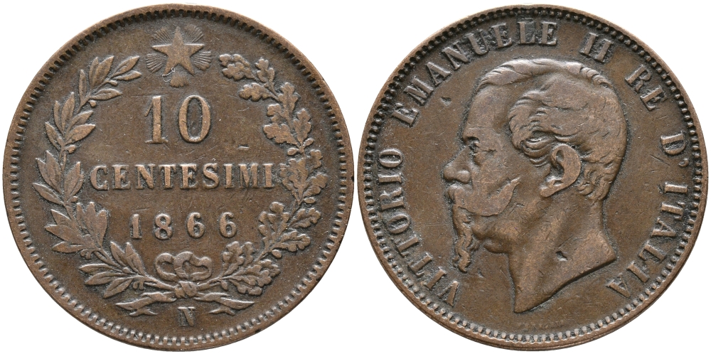 ИТАЛИЯ 10 ЧЕНТЕЗИМО 1866 N, ВИКТОР ЭММАНУИЛ II (1861-1878) KM 11.4 медь 32-145