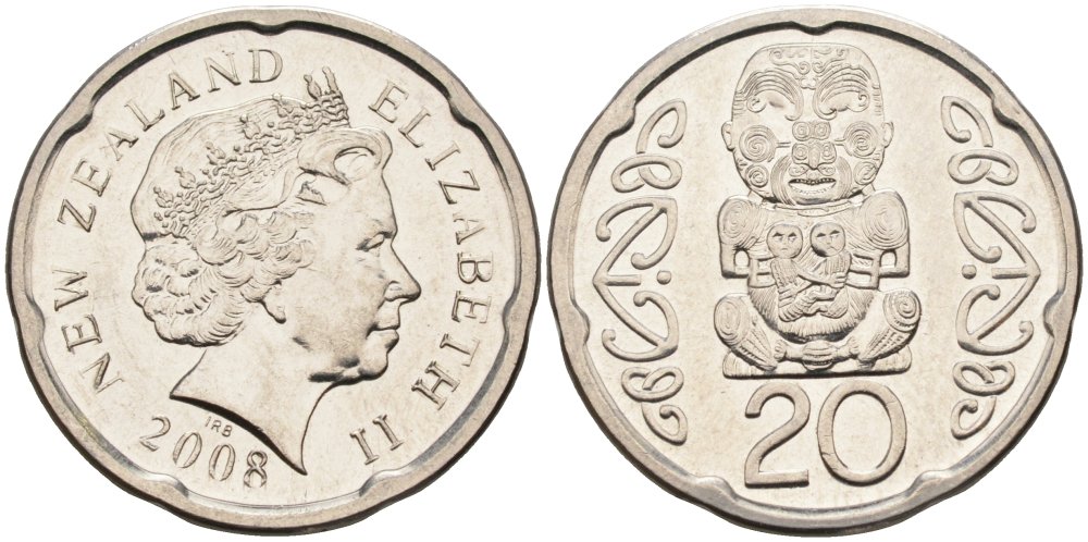 Новая Зеландия 20 центов 2008 Елизавета II (1952-2022), идол Пукаки KM 118а никелированная сталь 4579-1237