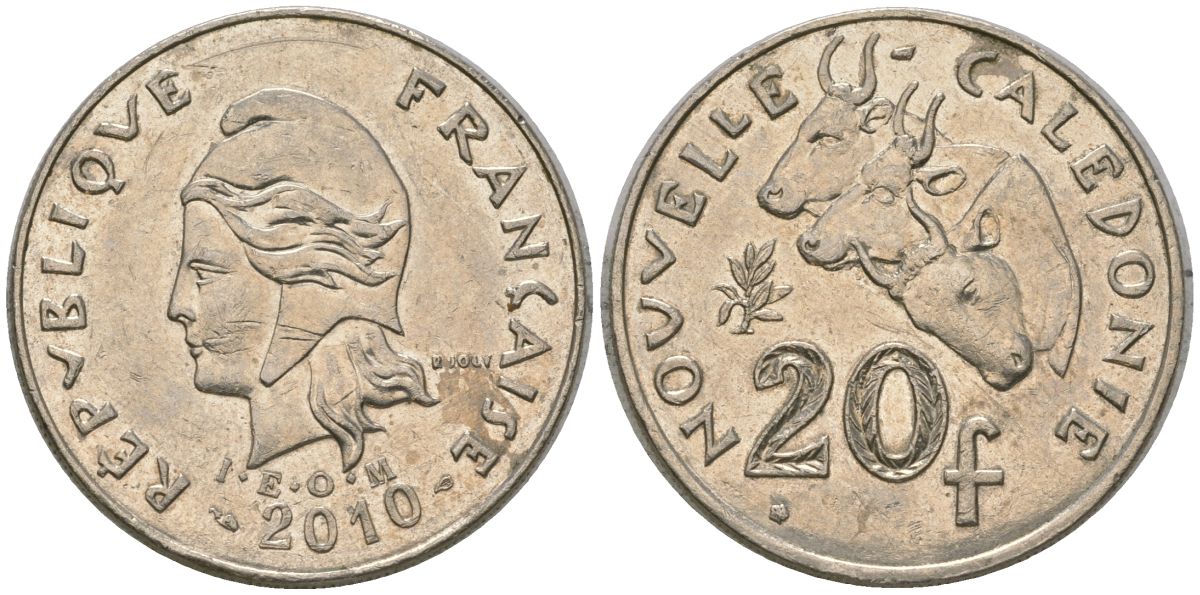 Французская Новая Каледония 20 франков 2010 три быка, (IEOM) KM 12a, Schoen 14a медно-никель 4137-335