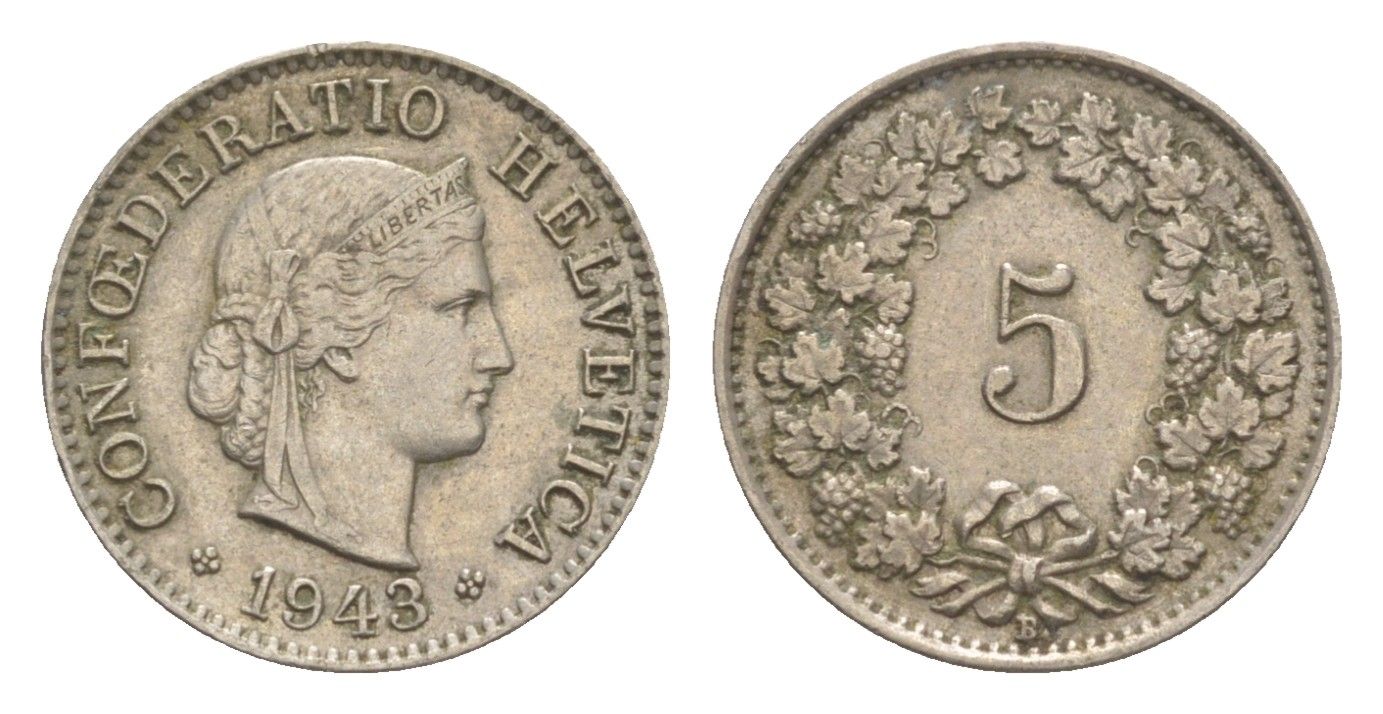 Швейцария 5 раппенов 1943 B KM 26 медно-никель 4627-765